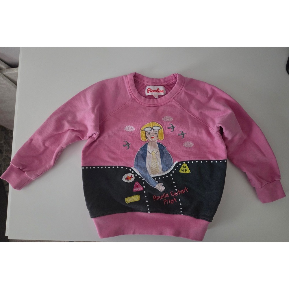Piccolina Amelia Earhart Pilot Pink Sweatshirt Girls Size 3 Raglan Sleeve Fleece